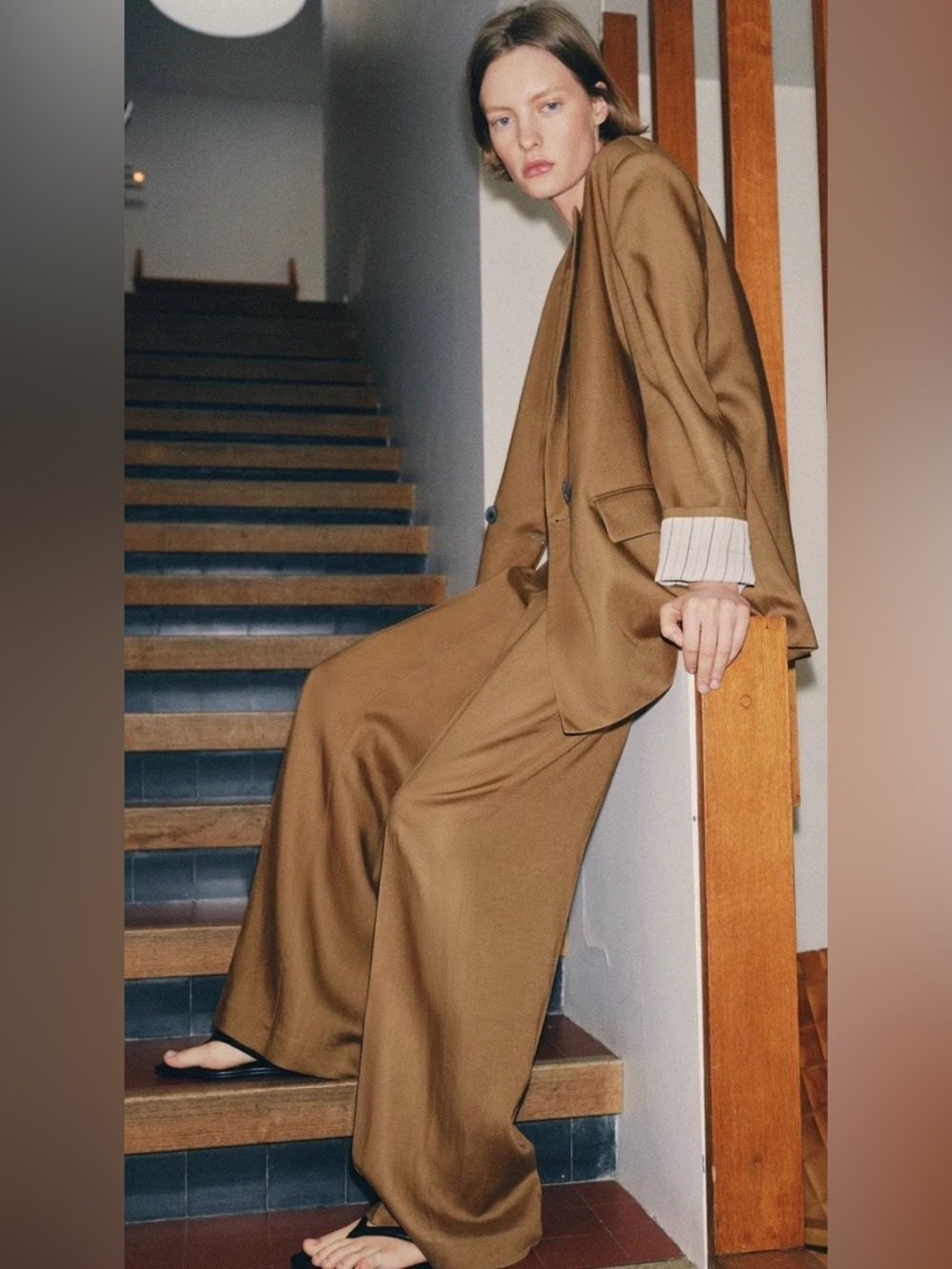 Zara NWT Brown Linen Blend High Rise Straight Leg Tailored Trousers - Picture 4 of 10
